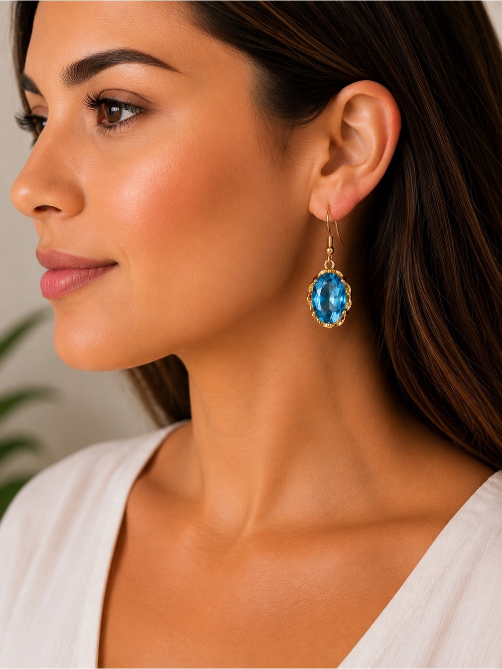 Gold Tone Blue Crystal Oval‎ Drop Earrings Something Blue